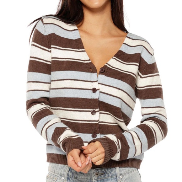 Beginning Boutique Sweaters - beginning boutique brown, blue, & white striped cardigan